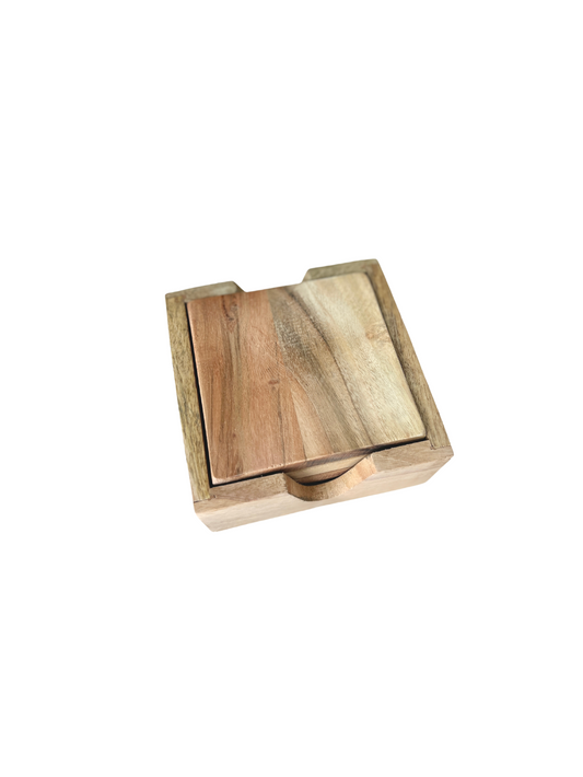4 piece square wooden coaster set with caddy. 