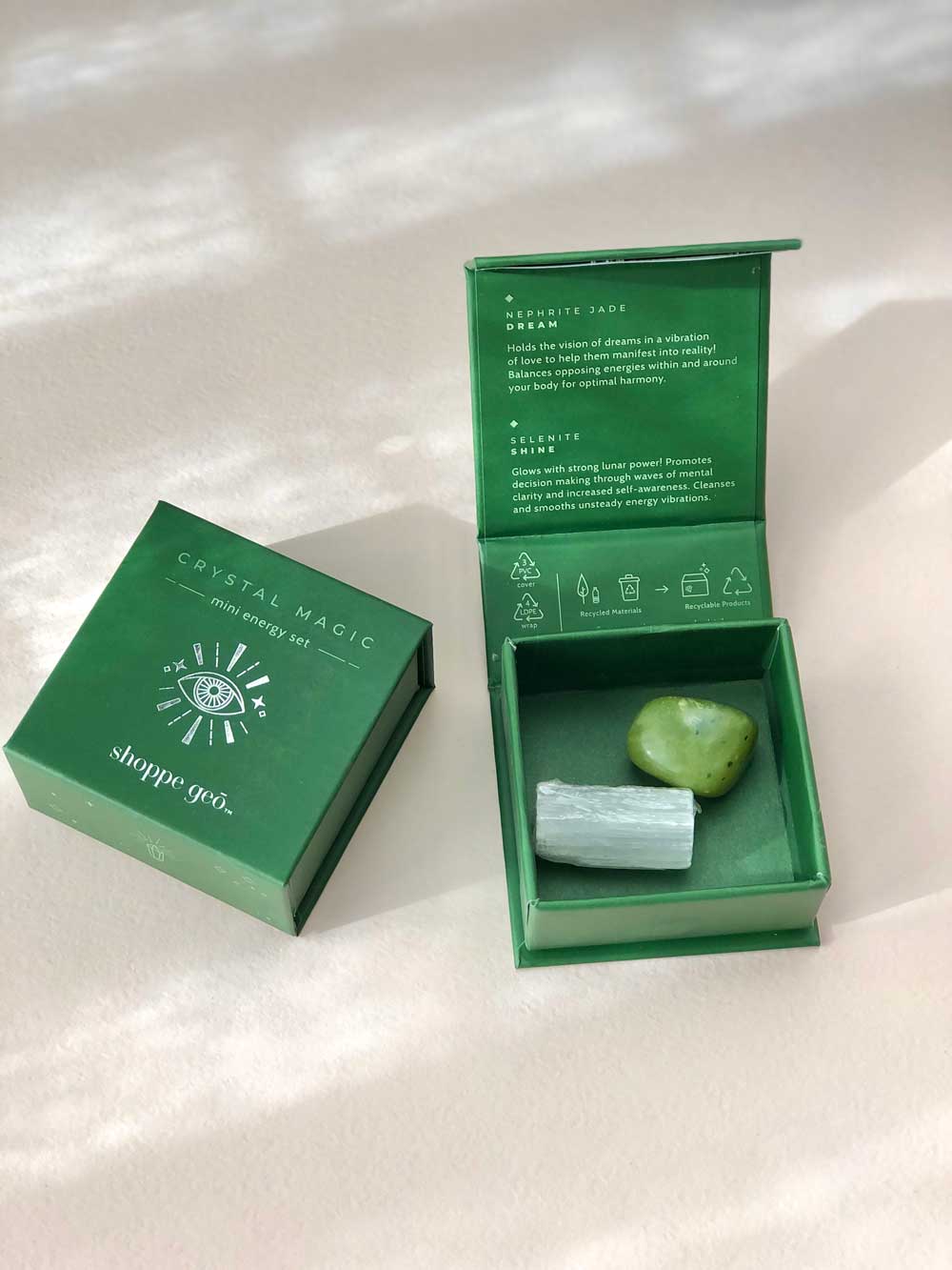 Mini Crystal Energy Set with nephrite and selenite for Dream and Shine. Includes 2 genuine crystals in a square box. 