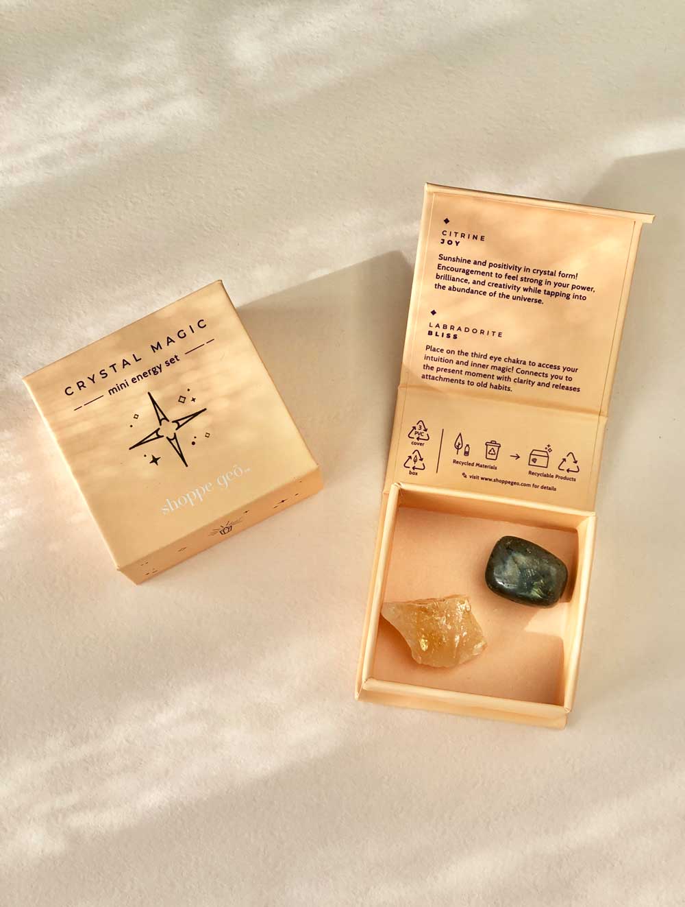 Mini Crystal Energy Set with citrine and labradorite for Joy and Bliss. Includes 2 genuine crystals in a square box. 
