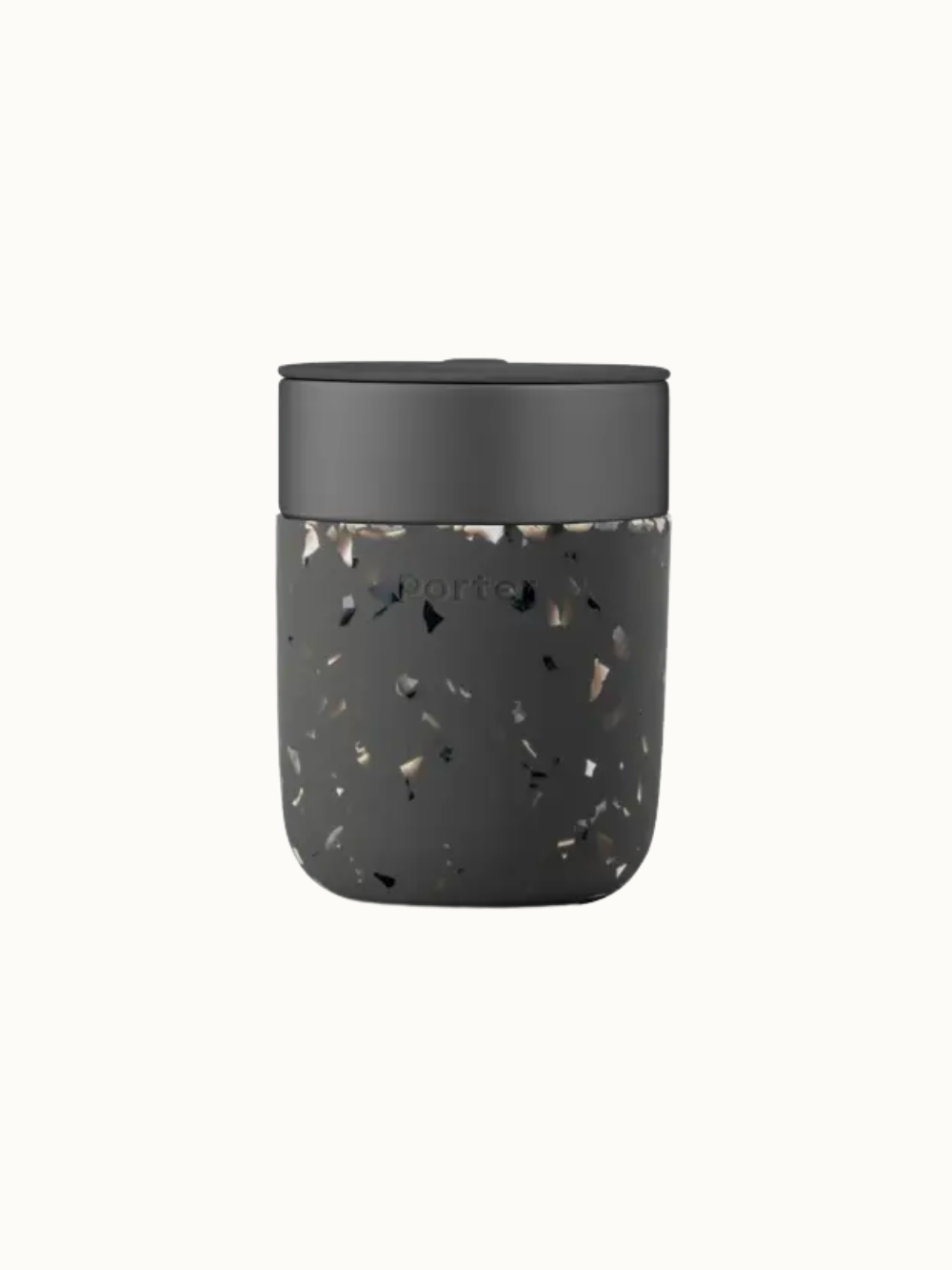 Porter reusable travel mug with a charcoal terrazzo pattern. 12 oz ceramic mug. 