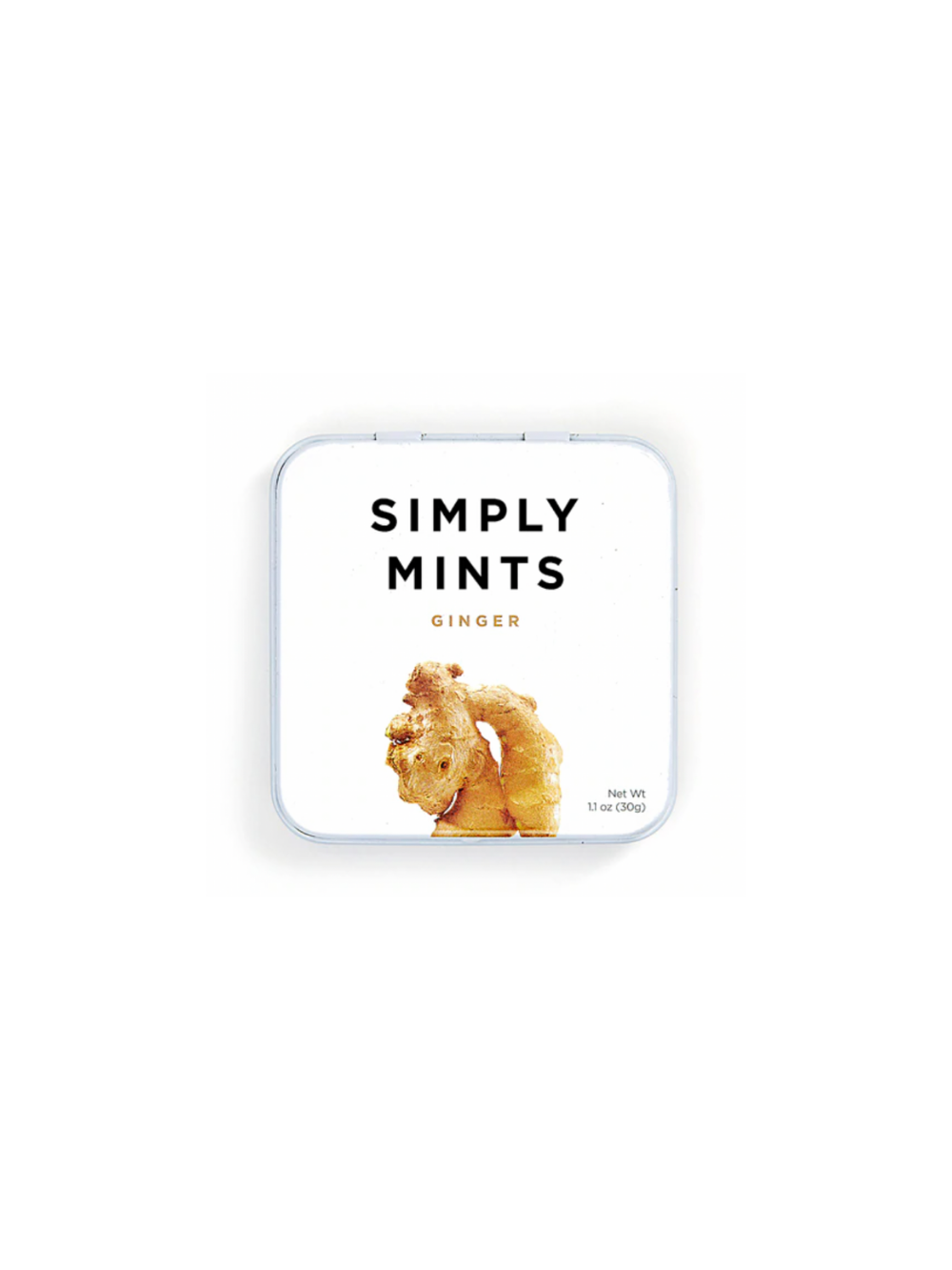 A white tin of ginger flavored mints. 